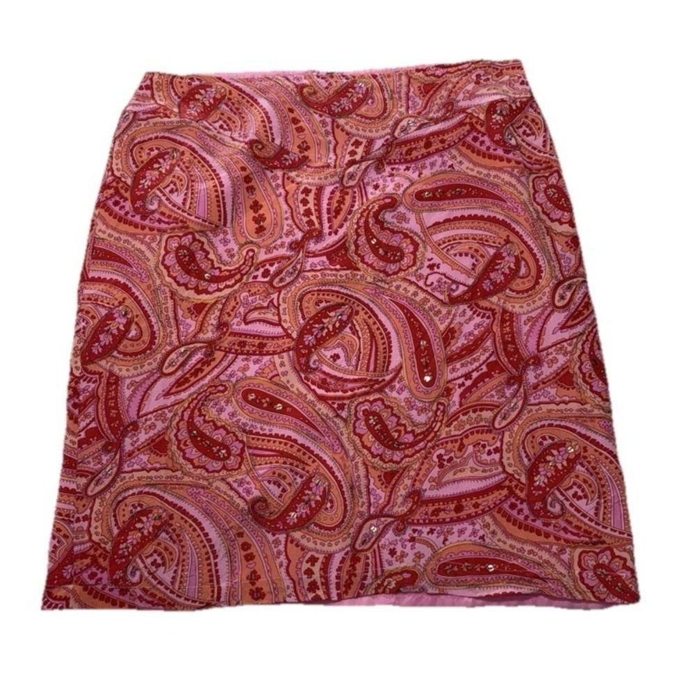Worthington Women's Size 10 Silk Mini Pencil Skirt Pink Paisley Lined Slit Back